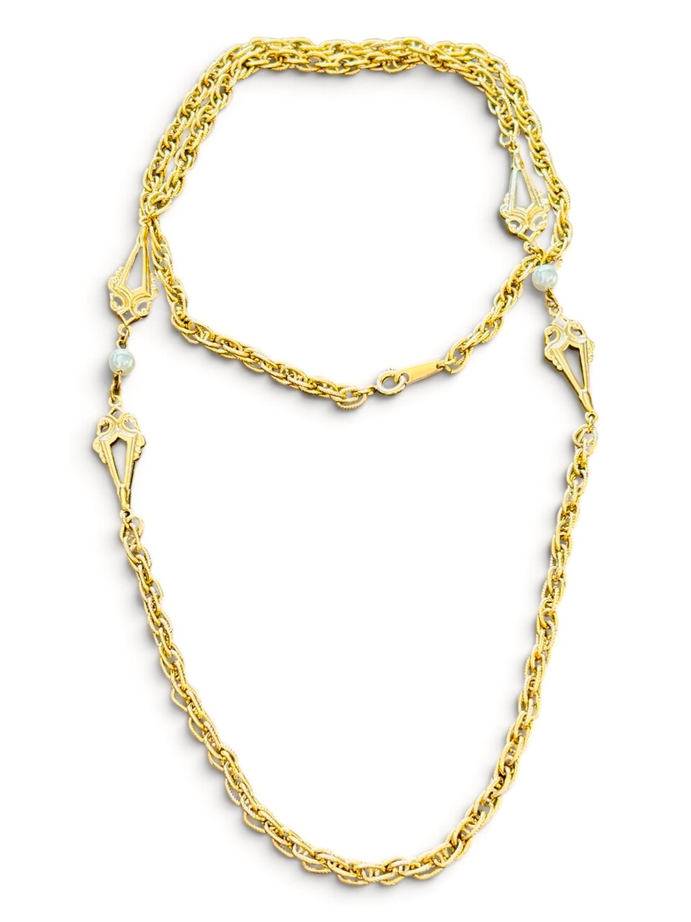 Vintage 1970s Gold Tone Faux Pearl Filigree Station Long Chain Necklace 32”